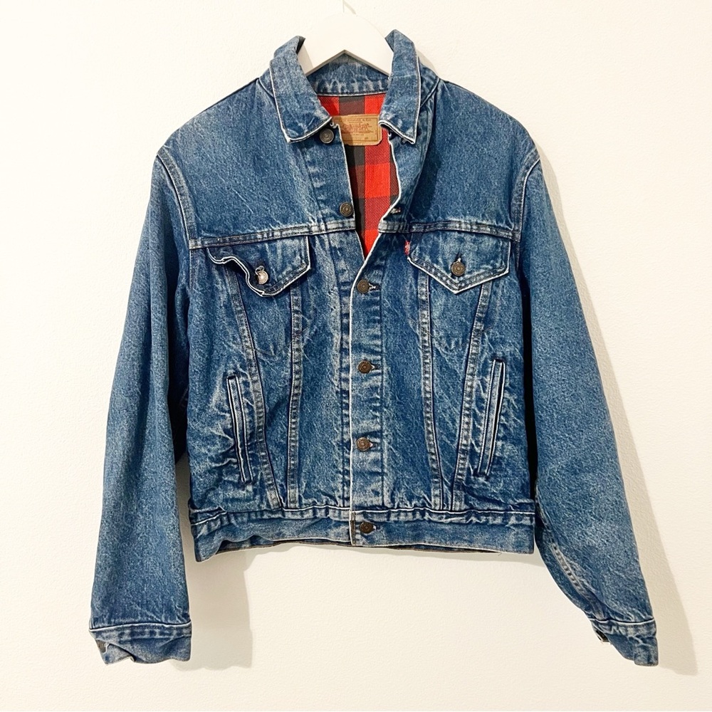 Levis Denim Trucker Lined Jacket Vintage 90s Plaid Red Made USA Size 40
